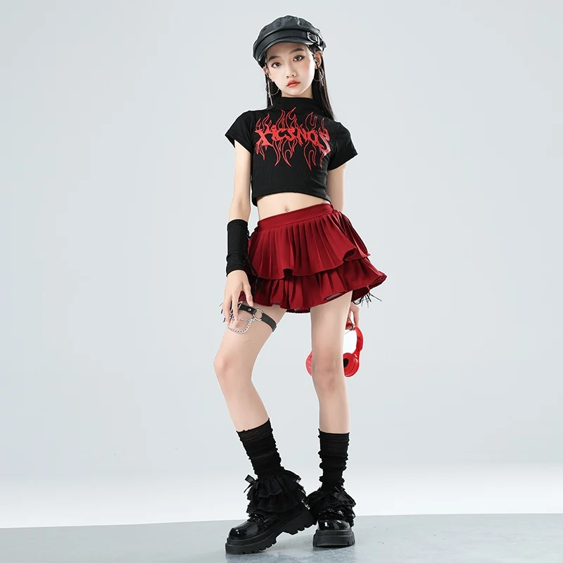Kids Jazz Costume Cheerlead Dance Crop Tops Red Skirt Kpop Performance Outfits Hip Hop Dance Clothing Kids Street Wear BL15797