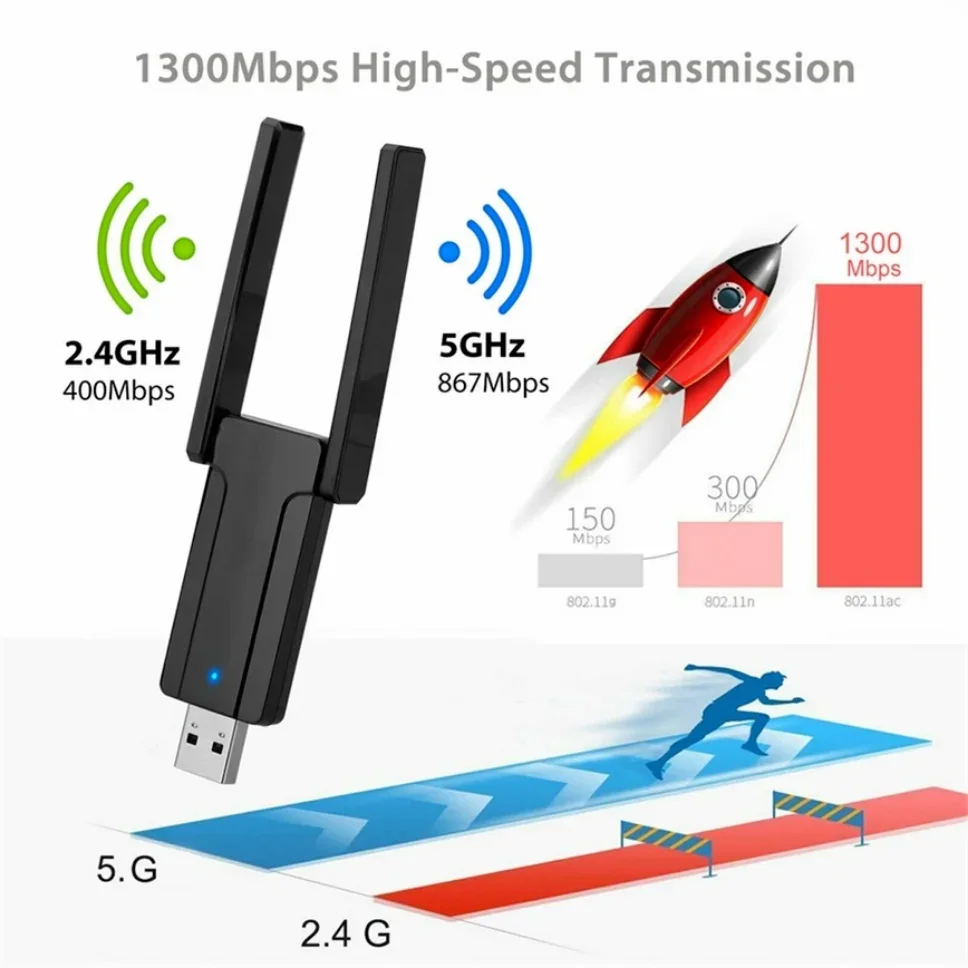 Grwibeou-adaptador WiFi USB inalámbrico de 1300Mbps, tarjeta de red Wifi de doble banda, 5G/2,4 GHz, adaptador AC USB inalámbrico para PC, escritorio y portátil