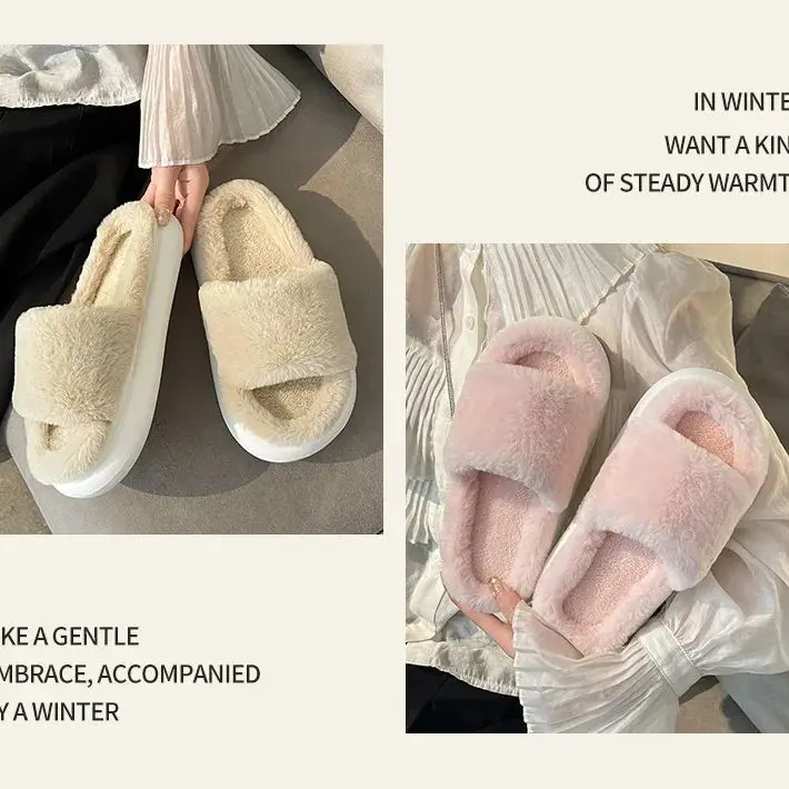 2022 New Women Slippers Autumn and Winter Fur Slippers Indoor Household Slippers Soft Bottom Solid Color Home Cotton Slippers