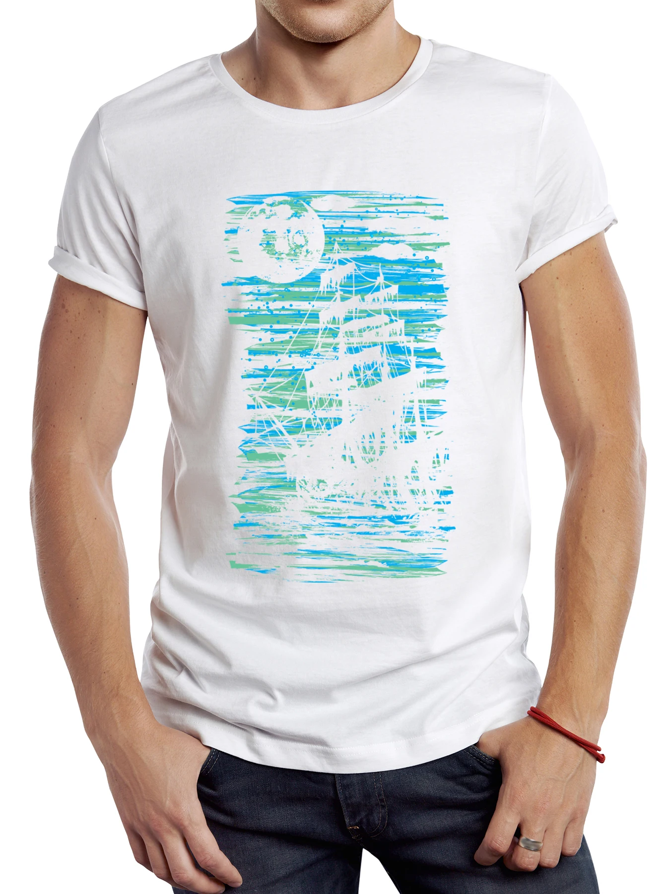 

FPACE Fashion Geometric Ghost Ship Printed T-Shirt Men's Short Sleeve T-Shirt Casual Oversize Women Tops