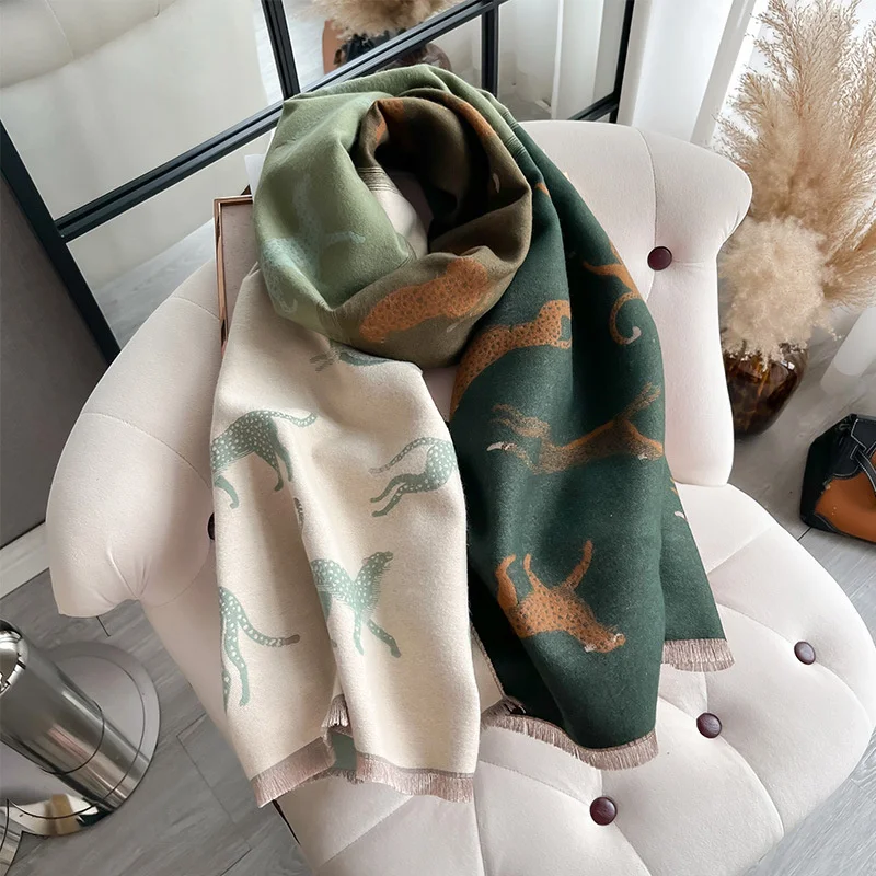 2024 Luxury Animal Print Scarf for Women Warmer Winter Cashmere Pashmina Scarves Shawls Female Thick Blanket Wraps Foulard