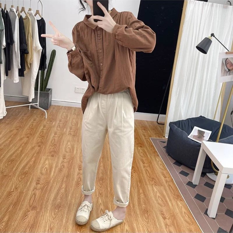 Chemise Vintage à Manches sulfet Col Polo pour Femme, Vêtement de Bureau, lèvent et Poches, Printemps et Automne, 2023