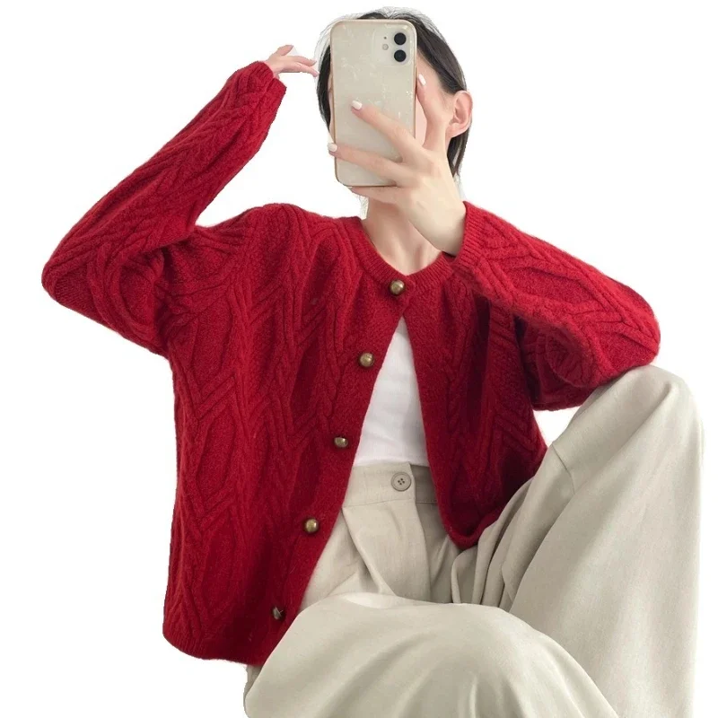 2025 Women's Warm Versatile For Autumn Winter Knitted Cardigan Woman Solid O-Neck Button Pearl Twist Flower Long Sleeve Sweater