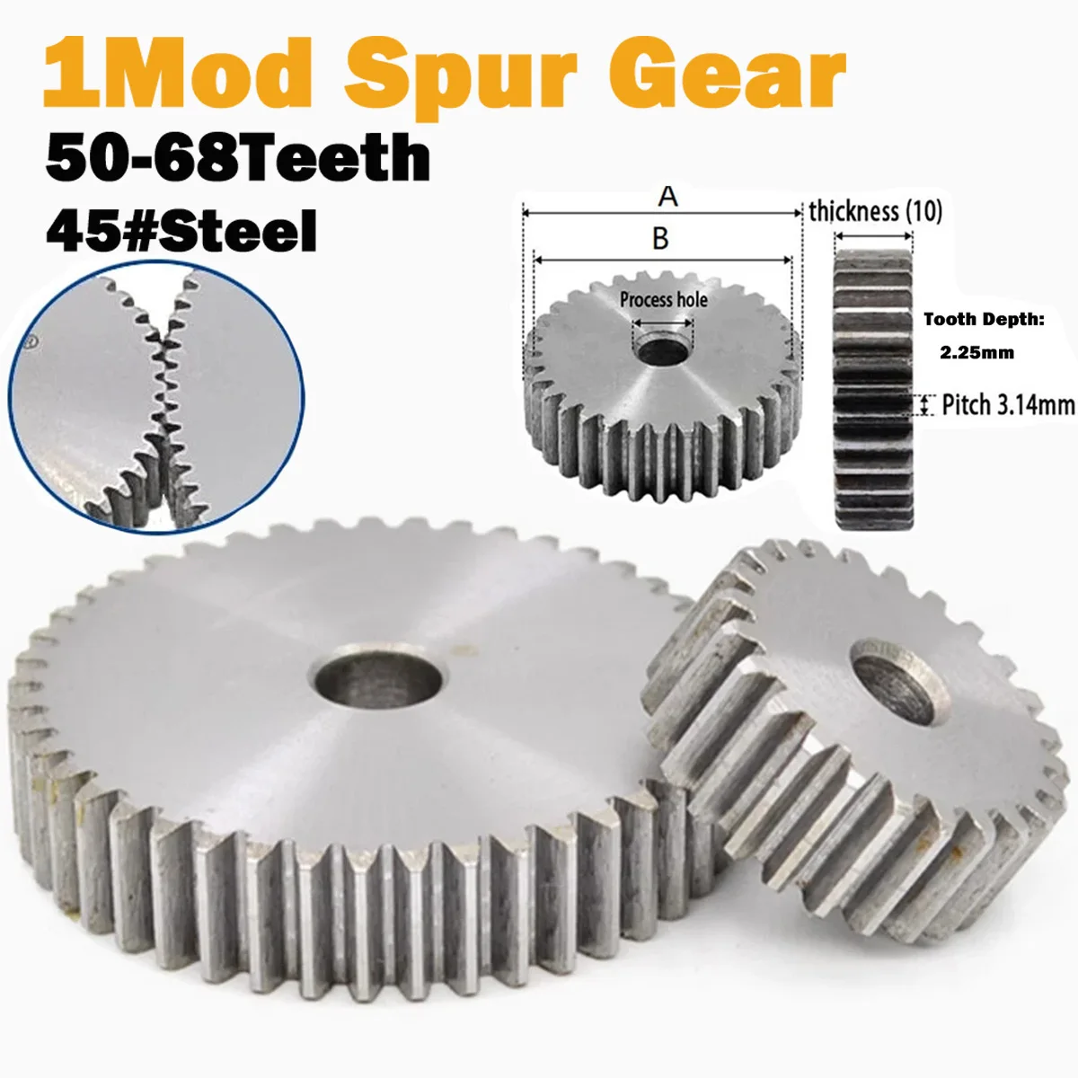 1pcs 1 Mod 50t-68t Spur Gear Cylindrical Flat Gear Pinion 50/51/52/53/54/55/56/57/58/59/60/61/62/63/64/65/66/67/68teeth 45#steel