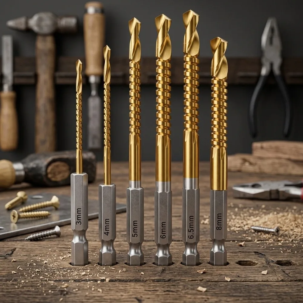 HSS Drill Bits Set 6 Sizes Titanium Coated with Hex Shank and Spiral Groove Design for Reduced Friction and Heat