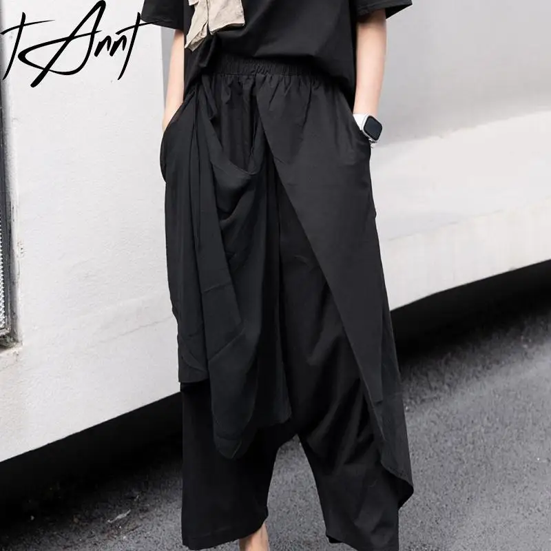 

Tannt Women Pant Fashion Irregular Black Chiffon Harem Pants Asymmetry High Waist Ankle-length Pants Women 2024 New