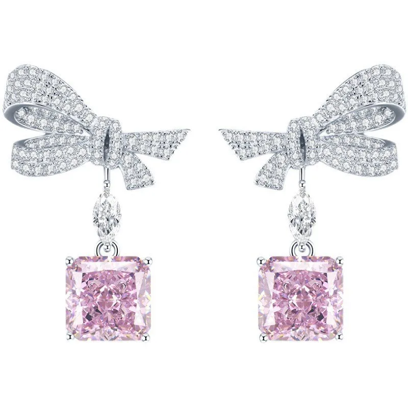 New Fashion Bow Pink Diamond Earrings Women's 10 * 10 High Carbon Diamond Ice Flower Cut Drop Earrings Mother's Day Gift