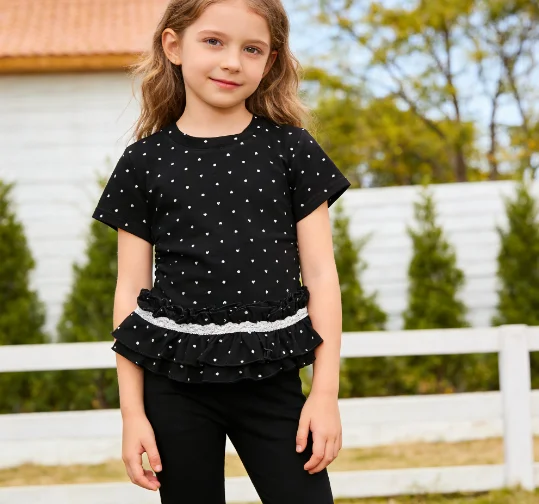

2026 Girls' Love Wave Dot Printed Lace Bottom Short Sleeved T-shirt Spring Summer New Style Cute Top