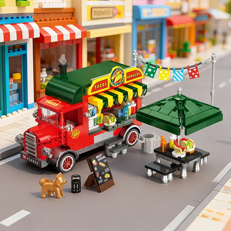 

615pcs Mexico Style Taco Truck Mobile Snack Stall Children's Educational Building Blocks Toy Assembly Street Food Theme Playset