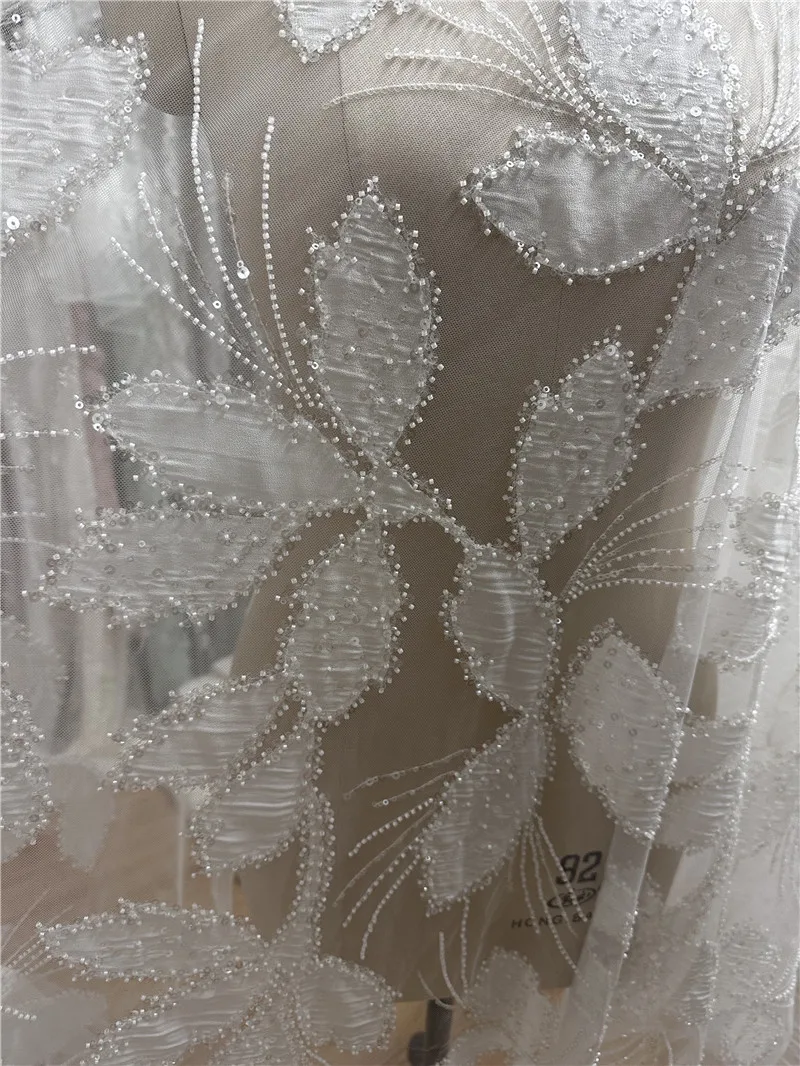 New Style Off White Laser Bead Sequins High Quality Mesh Embroidery French Wedding Dress Lace Fabric Sell By Yard