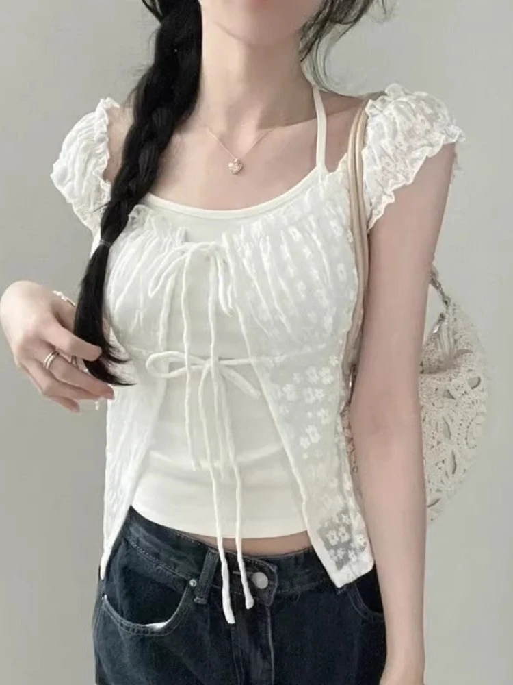 وهمية قطعتين امرأة الرسن المرقعة تي شيرت كل مباراة الدانتيل زهرة ضمادة الكورية تيز الحلو موضة الصيف اقتصاص تي شيرت #2