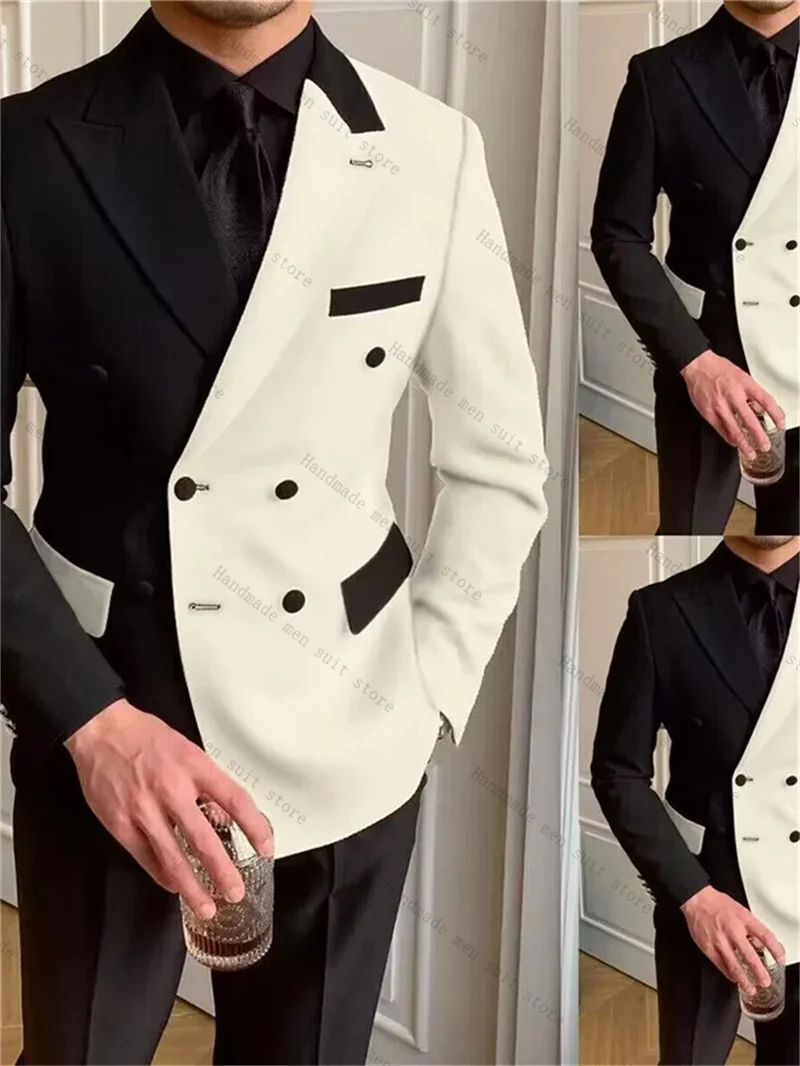 Trajes de hombre blancos y negros, chaqueta de 2 piezas + Pantalones, abrigo de esmoquin de boda de algodón con solapa larga, chaqueta Formal de oficina personalizada, pantalones