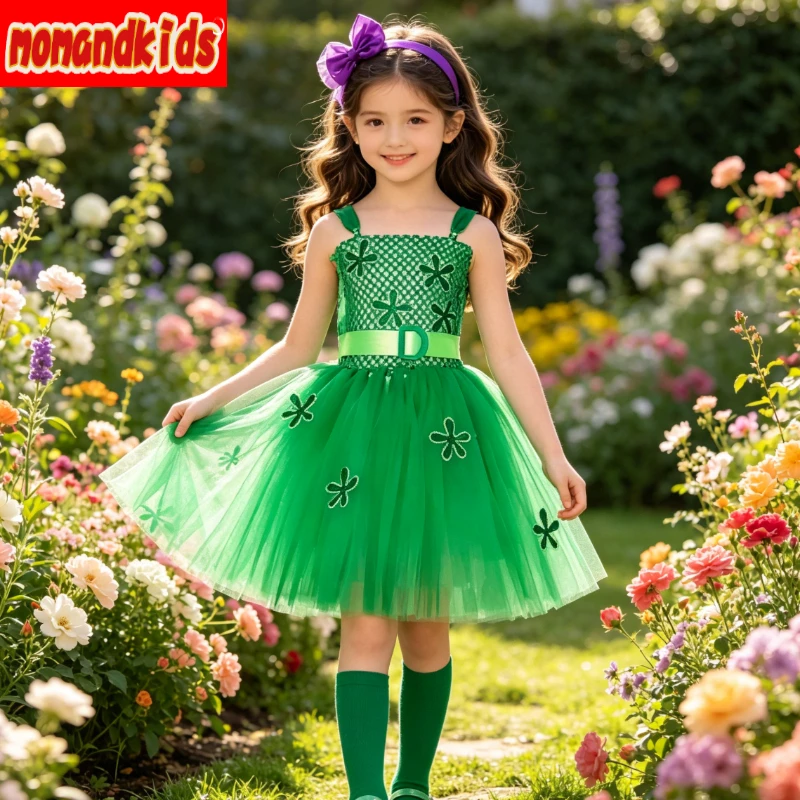 Soft Lime Cartoon Emotion Flowy Mesh Costume For Little Girls Breathable Cosplay Attire Halloween Carnival Birthday Shoot Wear