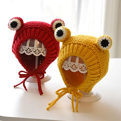 

Solid color Cartoon frog knitted hat winter warm hat Skullies cap beanie hat for kid boy and girl