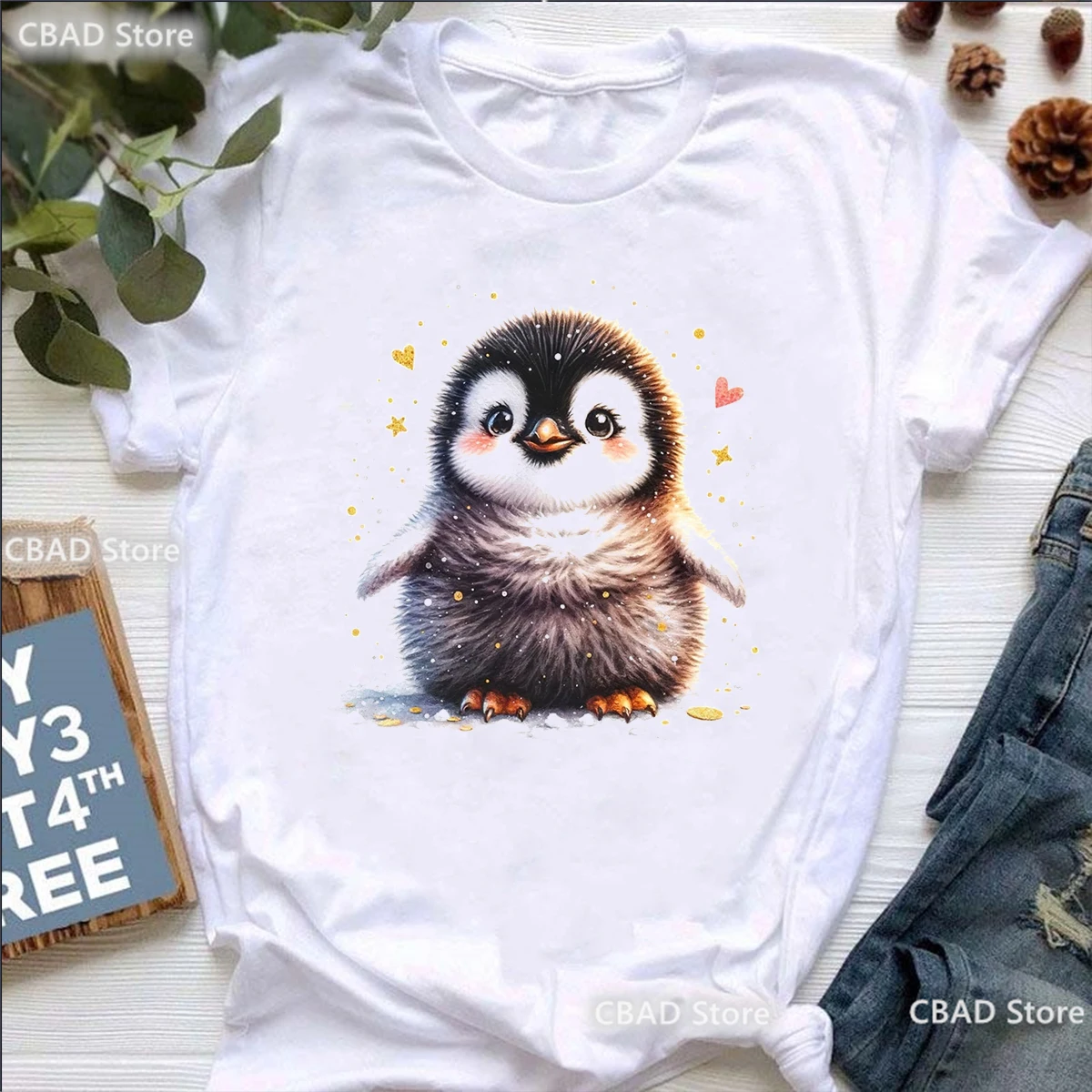 

Watercolor Glitter Penguin Animal Printed Tshirt Girls Funny Causal T-Shirt Women Harajuku Kawaii Clothes Summer Fashion T-Shirt