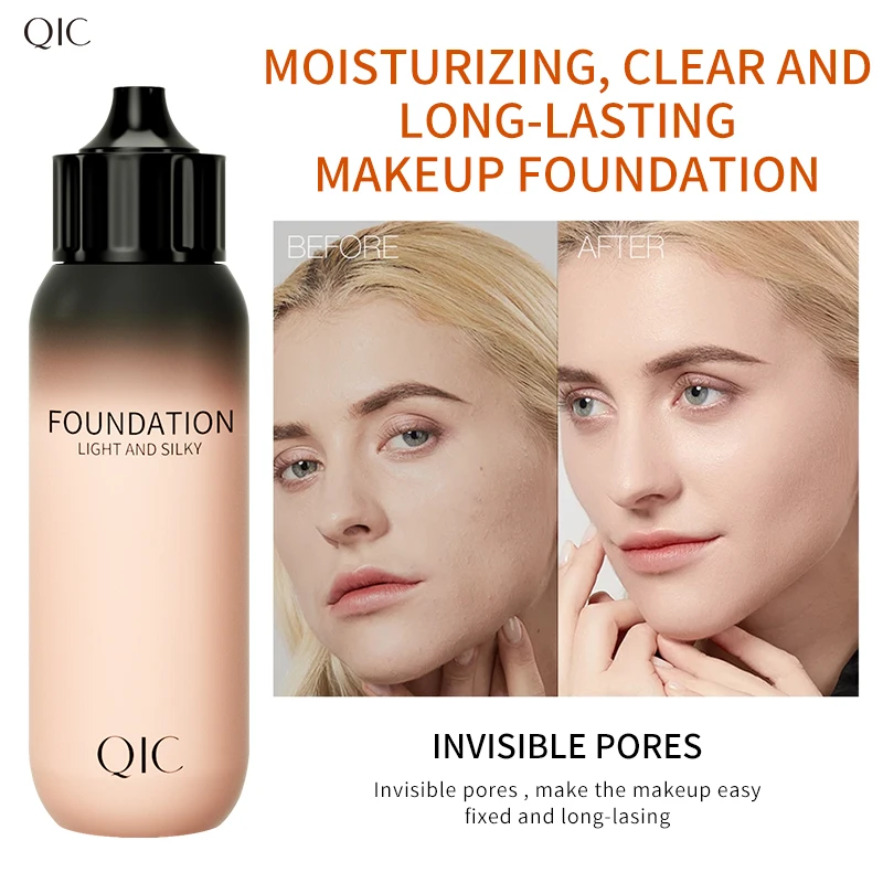 Base de cobertura completa de maquillaje líquido corrector resistente al agua de larga duración QIC para una corrección uniforme de manchas de Skintone