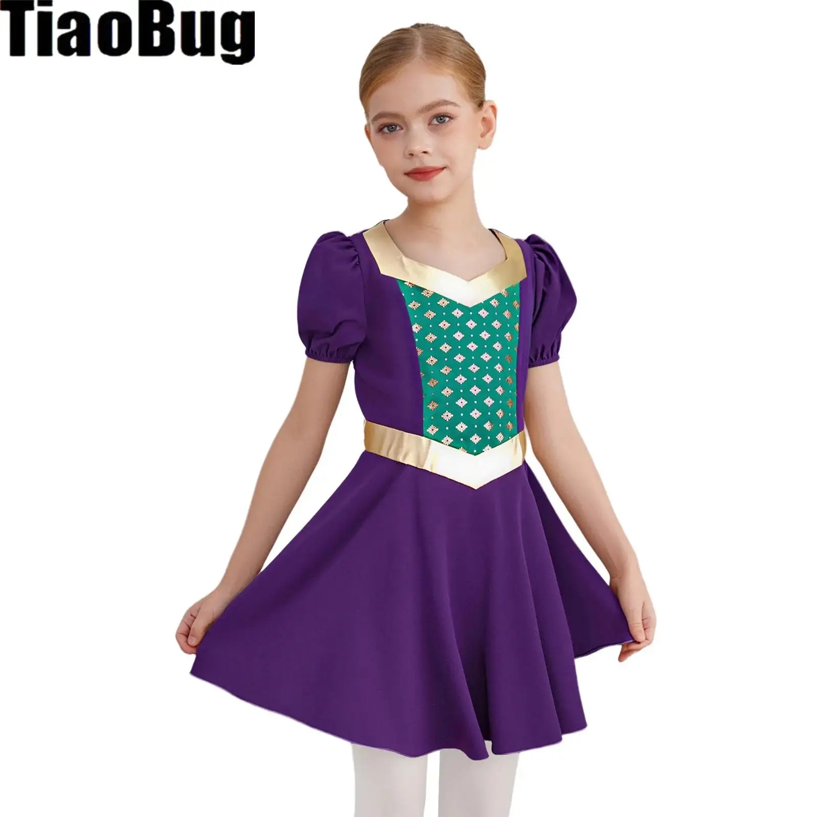 

Girls Medieval Princess Dress Metallic Patchwork Dress Short Sleeve Elastic Cuffs Ruffle Vintage Gown Carnival Halloween Cosplay