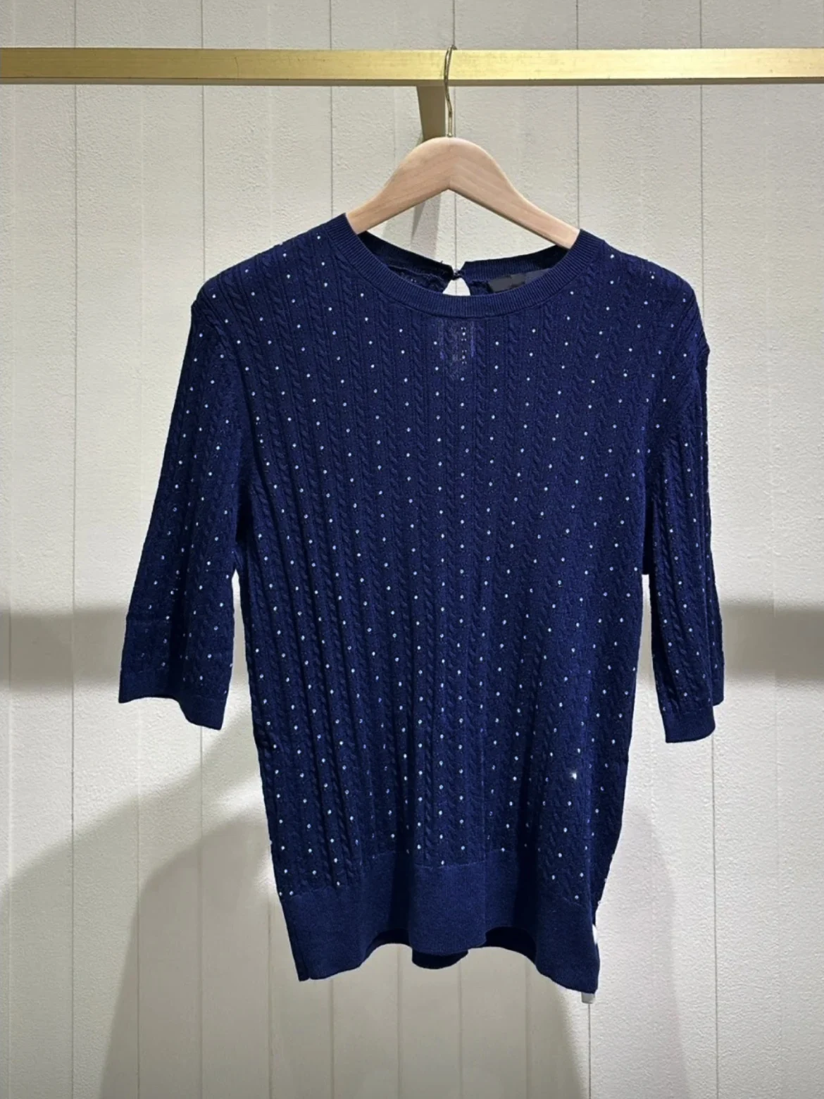 Deep Blue round Neck Short Sleeve Knitted Sweater Heavy Embellishment Drill Women's Fashion Spring Summer HEIDD Exclusive