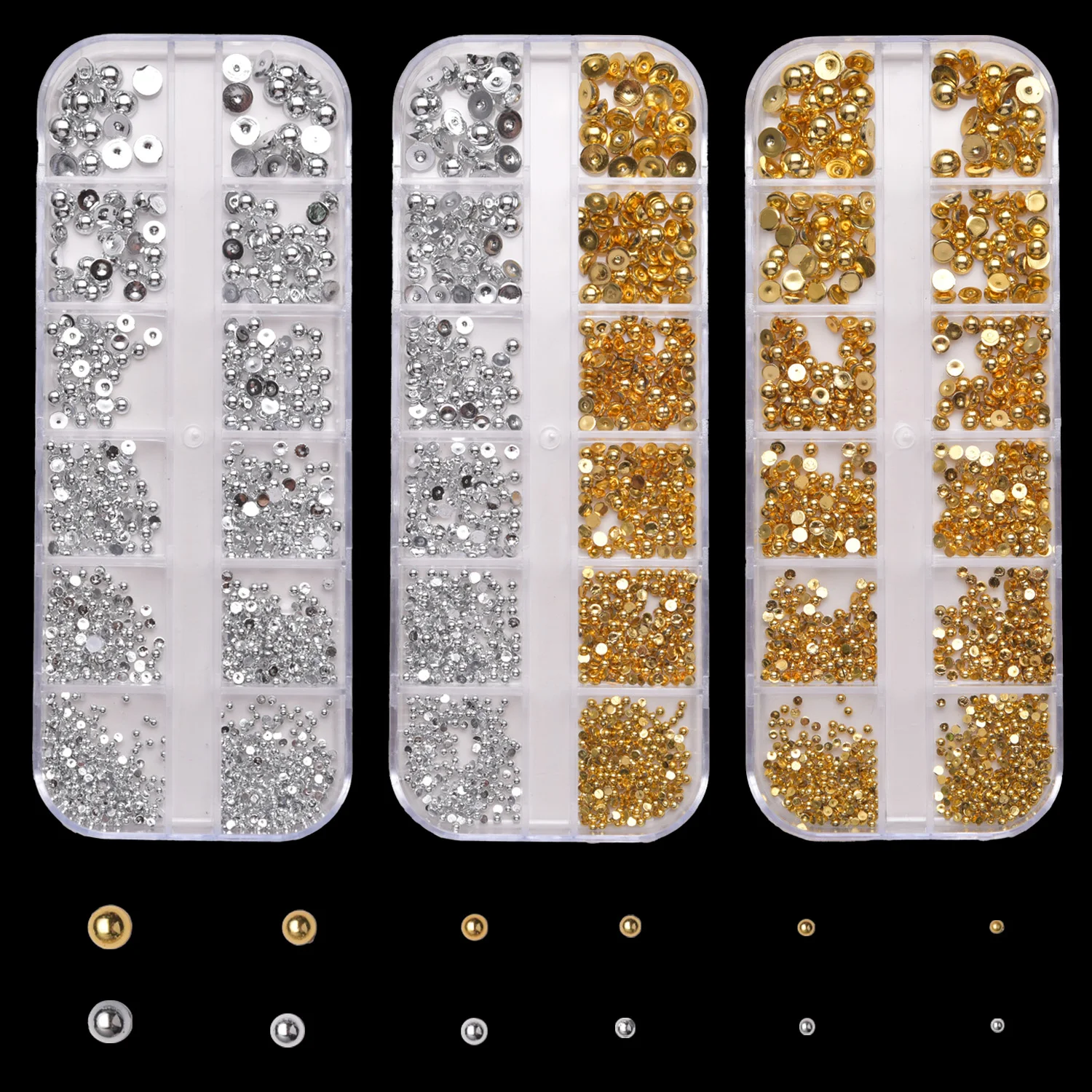 

12 Grids Flatback Gold Silver Pearl Beads Nail Charms Round Caviar Ball For Nail Art Decorations 3D Nail Jewelry Rhinestones