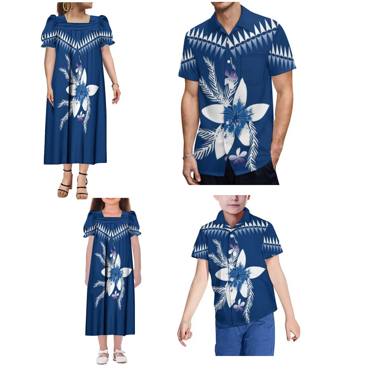 Polynesische Stam Bloemenprint Fiji Micronesië Samoa Familie Feest Set Moeder Dochter Mumu Jurk Vader Zoon Casual Aloha Shirt