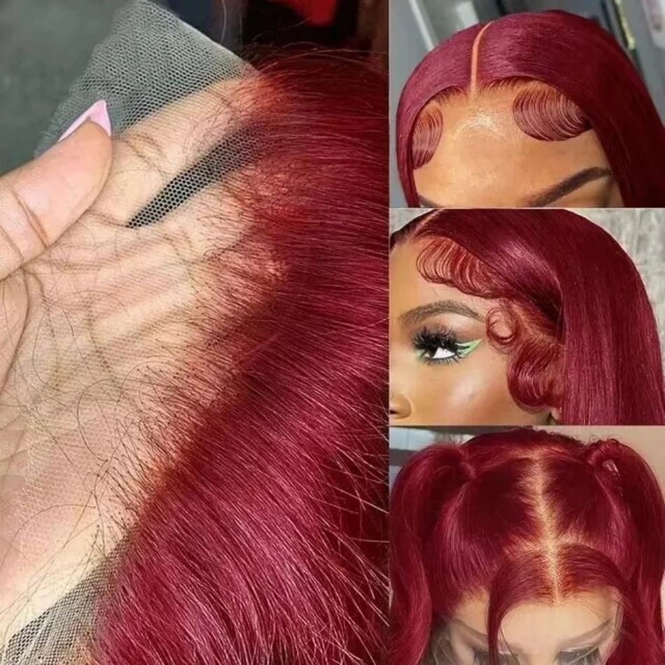 Peruca de cabelo humano pré-arrancada sem cola para mulheres, frontal de renda transparente, osso reto, vermelho Borgonha, HD 13x6