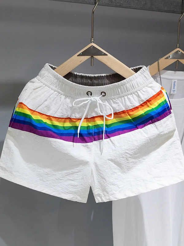 

Summer New Men's ort Pants Faion Print Rainbow Stripe Casual Sports Tee-quarter Length Loose Beach Trousers Trendy