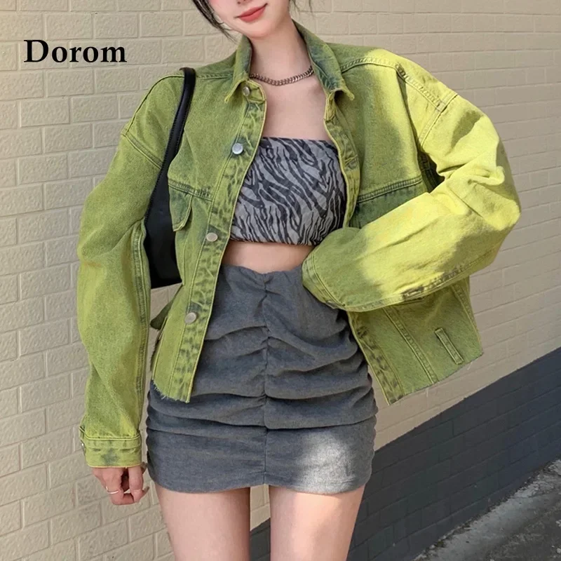 Fashion Green Denim Jacket Harajuku Long Sleeve Vintage Casual Jacket Female Tops Spring Autumn Street Loose Hip Hop Jeans Coat