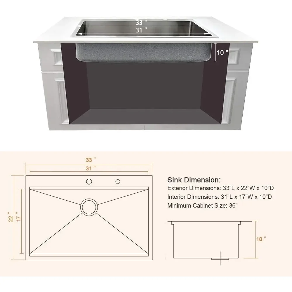 33x22 Inch Kitchen Sink with Cutting Board, Drop in Stainless Steel Kitchen Sinks 16 Gauge Single Bowl Deep, Kitchen Sink