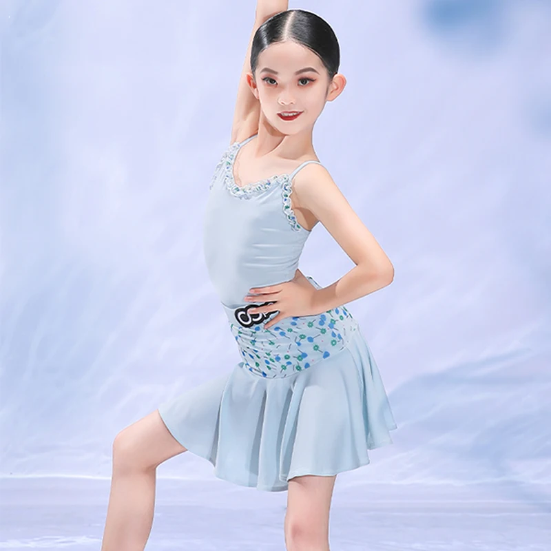 Baby Blue ชุดเต้นรำละตินสำหรับสาวฤดูร้อน Leotard ชุดกระโปรง ChaCha ฝึกสวมใส่ Samba Rumba เครื่องแต่งกาย YS4018