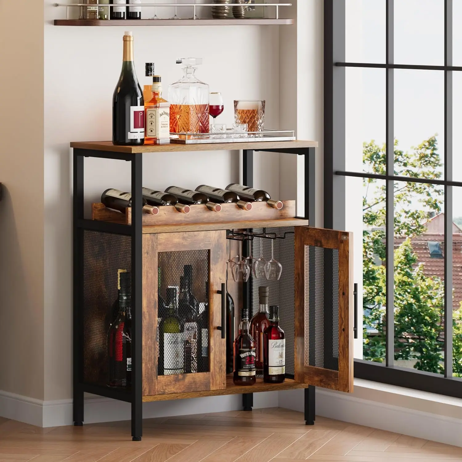 Rustic Brown Wine Bar Cabinet with Detachable Rack, Glass Holder, Mesh Door and Adjustable Feet for Kitchen or Dining Room