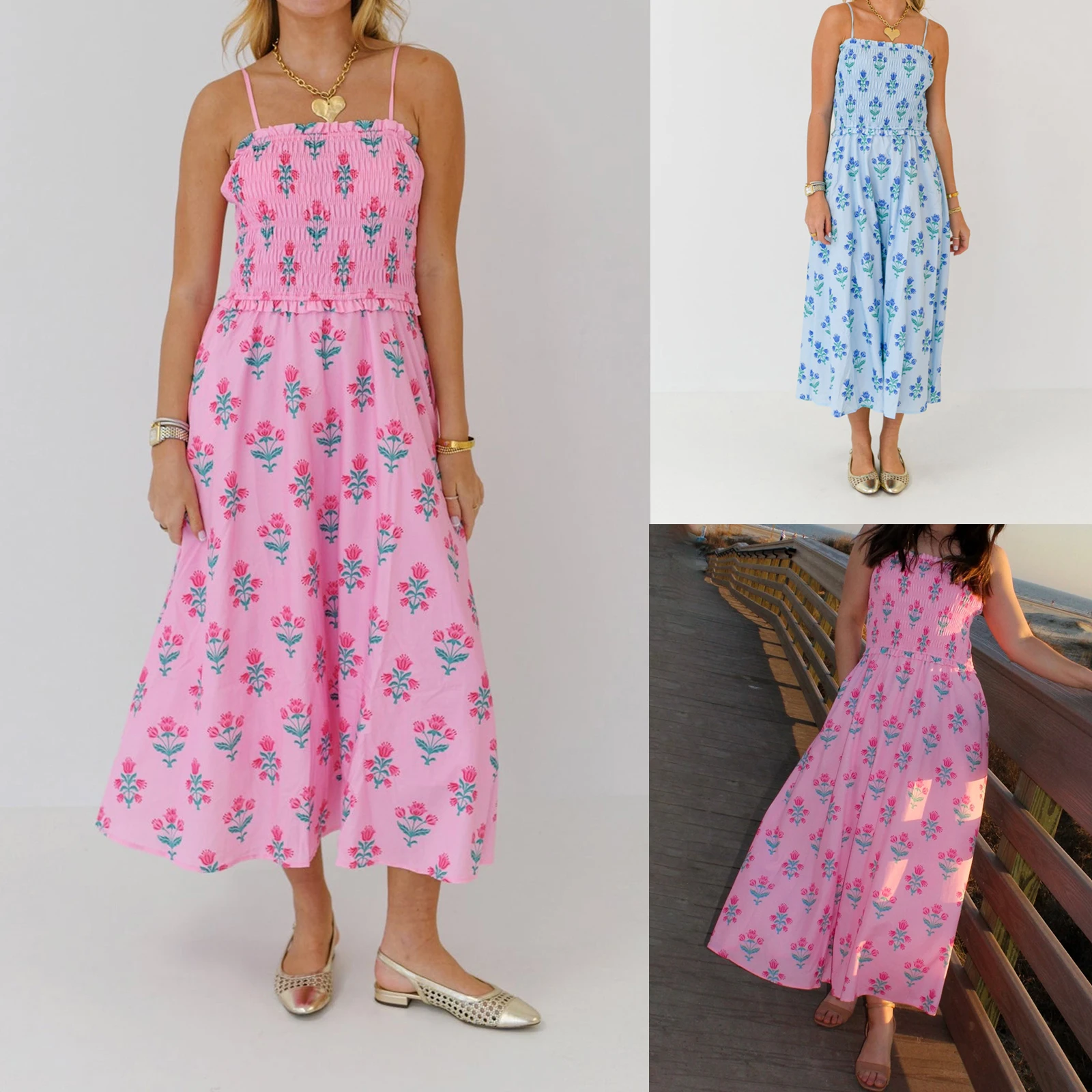 Abito da donna con cinturino per spaghetti Elegante abito lungo senza maniche smock con stampa floreale con volant per la primavera e l'estate