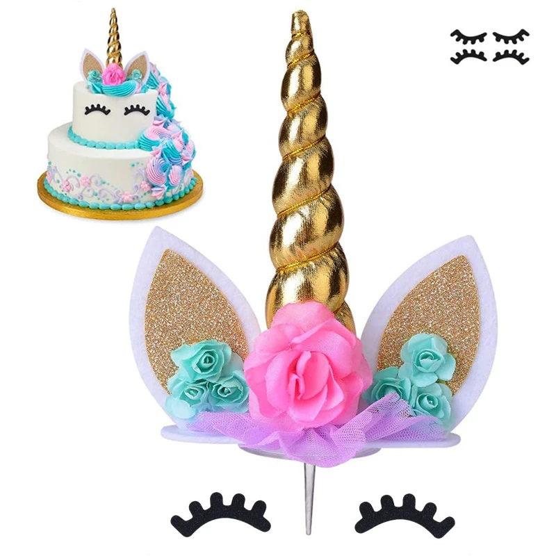 

Reuasble Unicorn Cake Topper With Eyelashes Gold Horn Cake Wings Unicorn Birthday Cake Decor Baby Shower Wedding Cake Kids Favor