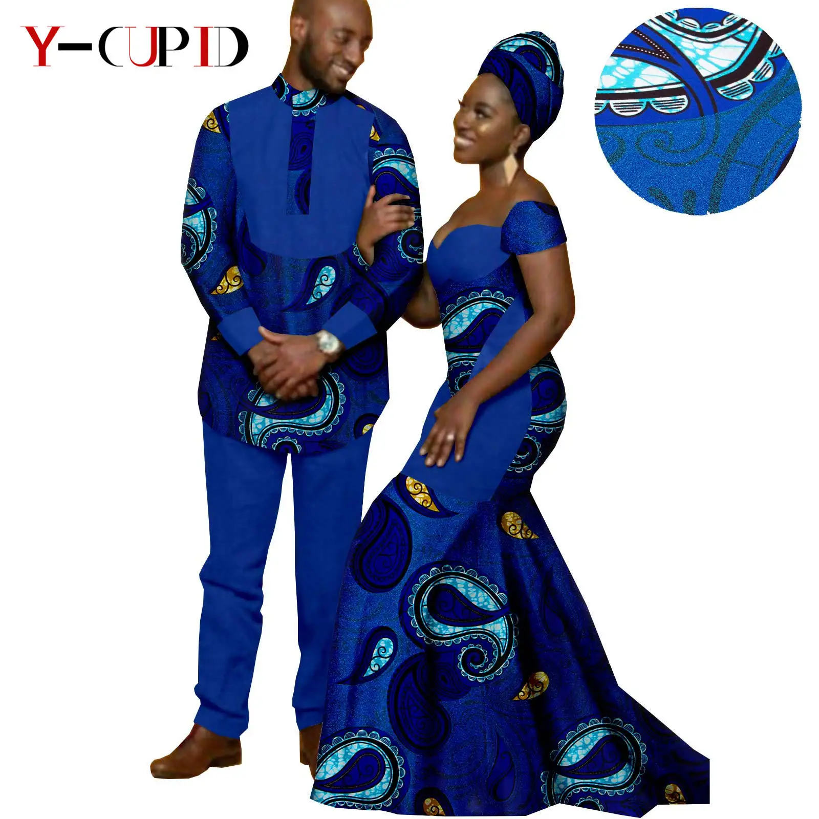 African Print Long Mermaid Dresses for Women Matching Men Outfits Dashiki Top and Pants Sets Bazin Riche Couples Clothes Y22C026