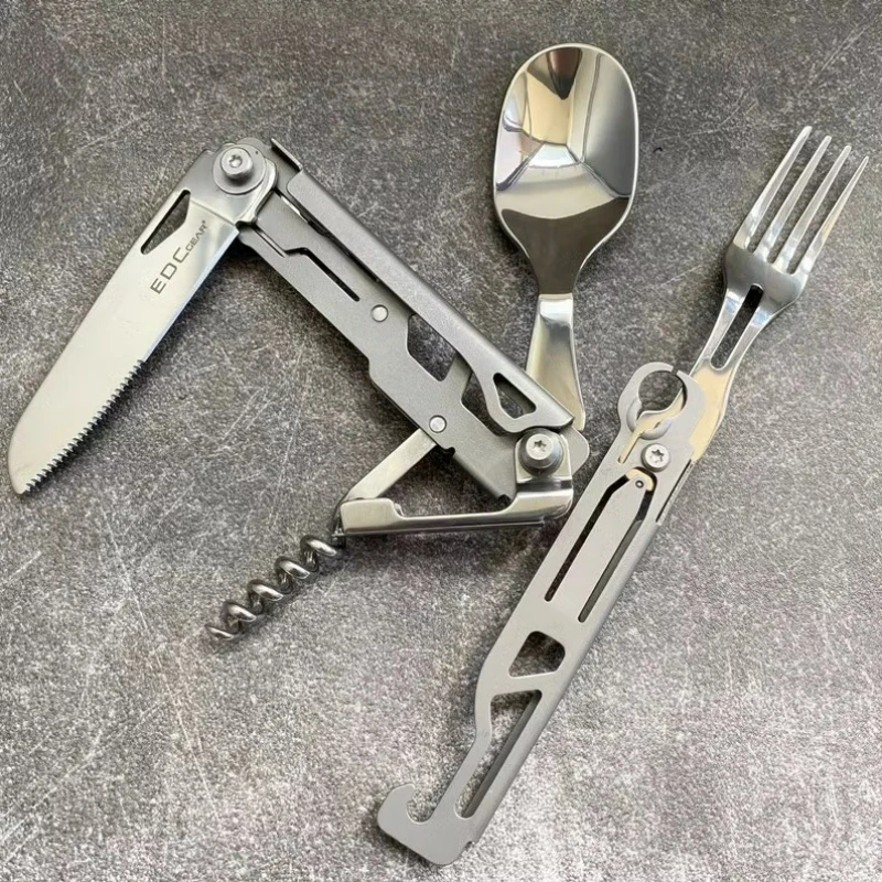 

Outdoor Stainless Steel Multi-functional Folding Knife Fork Spoon Set Multi-functional Easy Carry Novelty Camping Supplies