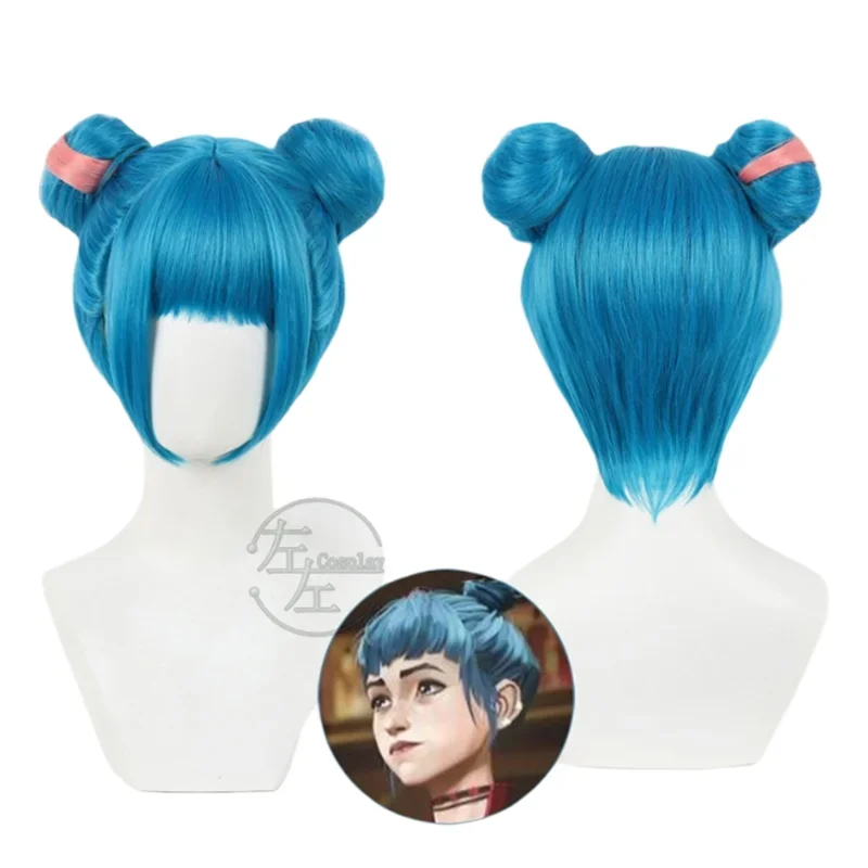 30cm Jinx LoL Arcane 2 Cosplay Wig Blue Short Hair Meatball Head Synthetic Fiber Hair for Women Halloween Highlight Customized