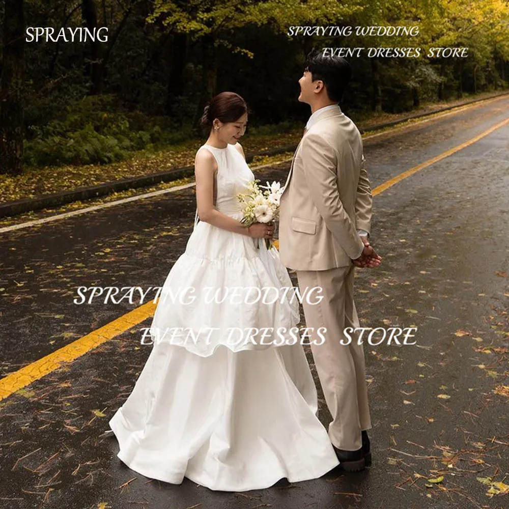 

SPRAYING Korea Photoshoot Simple O-Neck A-line TAFFETA Wedding Dress Floor-Length Long Wedding Robe Tiered Pleat Bridal Gown