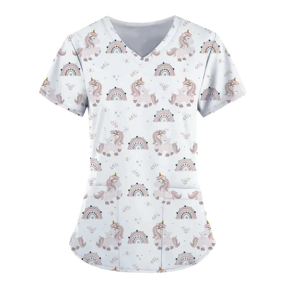 Women\'s T-shirts V-Neck Working Uniform for Women Cute dinosaur 3D Print Tops Cute Animal Nurse Uniform Blouse Pocket Workwear