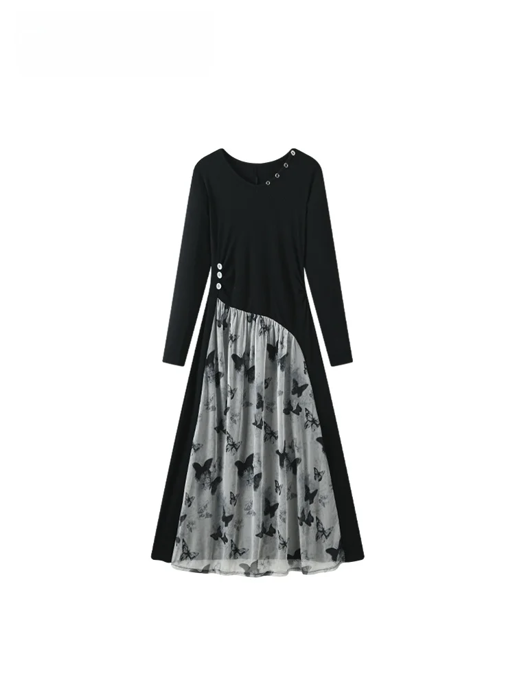 

plus Size round Ne Long Sve Dr Women's Autumn Loose Design Sensation Slimming Versatile Dr Retro Knitted A-Line Skirt