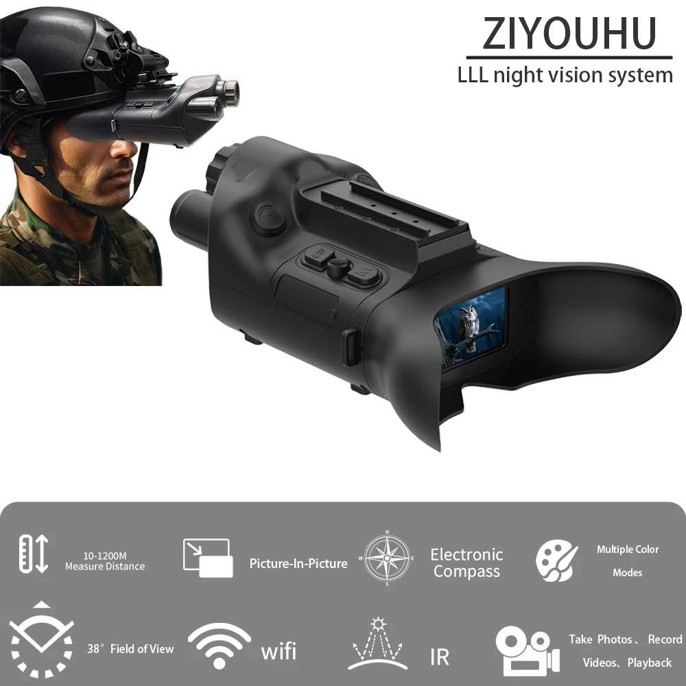 1X Digital Night Vision Goggles Low Light Binocular with 1200m Laser Ranging Helmet Strap PIP Camera Compass for Hunting