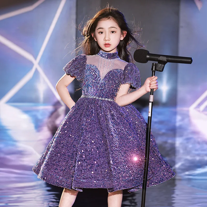 Girls Concert Performance Sequin Gown Teenage Kids Puffy Sleeve Lush Princess Dress Children Knee Length Halloween Black Purple