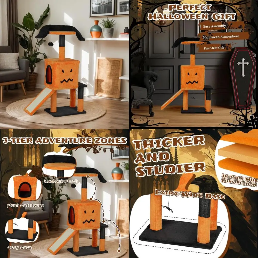 

3-Tier Halloween-Themed Cat Tree with Ghost Condo and Scratching Board, Orange & Black for Indoor Cats