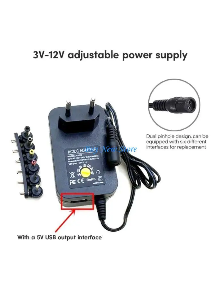 

20CE Universal ACtoDC Power Adapter Adjustable 3-12V with 6 Connector Tips & USB Convenient and Reliable