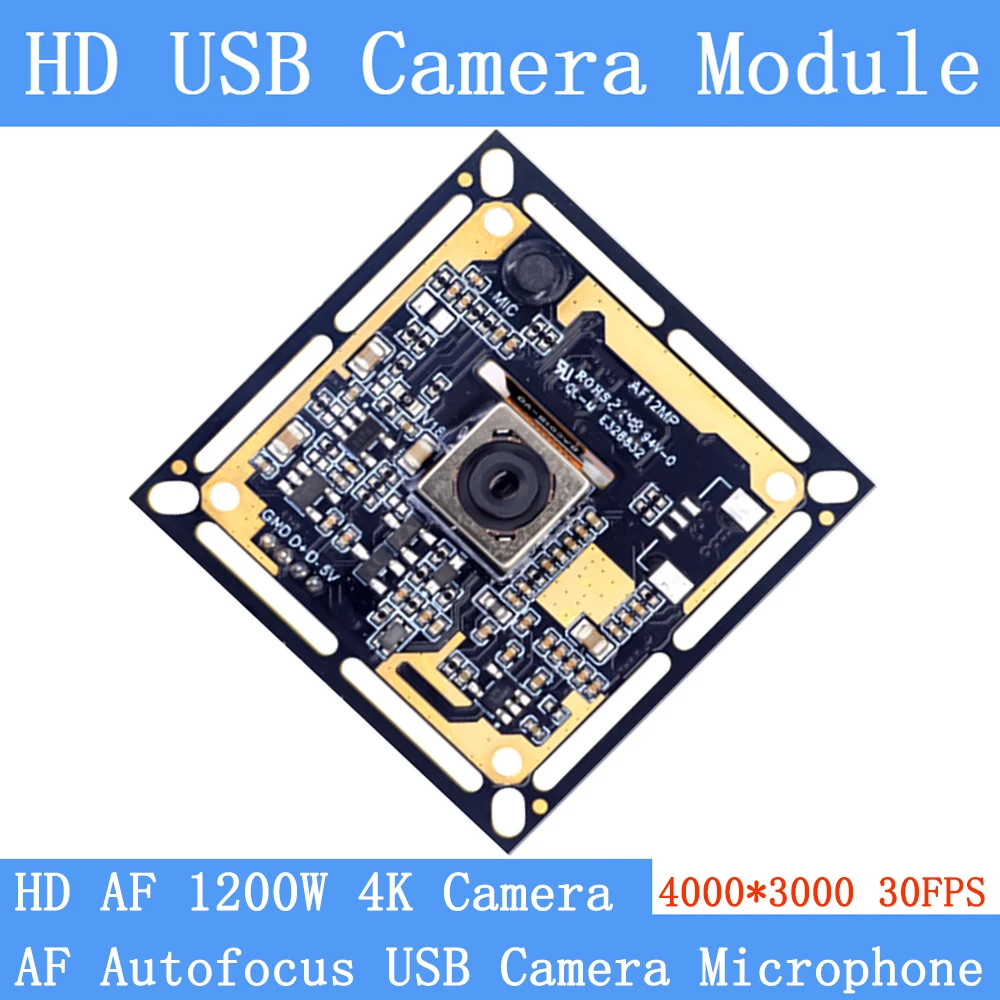 

38mm*38mm Autofocus 4K Webcam MJPG 4:3 4000x3000 30fps Mini UVC 1200W USB Camera Module for Windows Linux Android Microphone