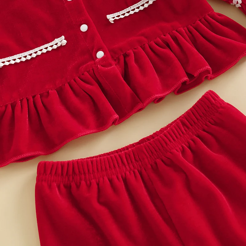 1-5Y Kids Girls Red Velvet Pajamas Set Children Autumn Winter Warm Long Sleeve Ruffle Shirts Pants Sleepwear Homewear Clothing