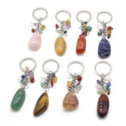 Natural Stone Keychain Reiki Healing Crystals Quartz lapis lazuli Agate Jade Opal KeyRing Key Chain Hangle Jewelry Accessories