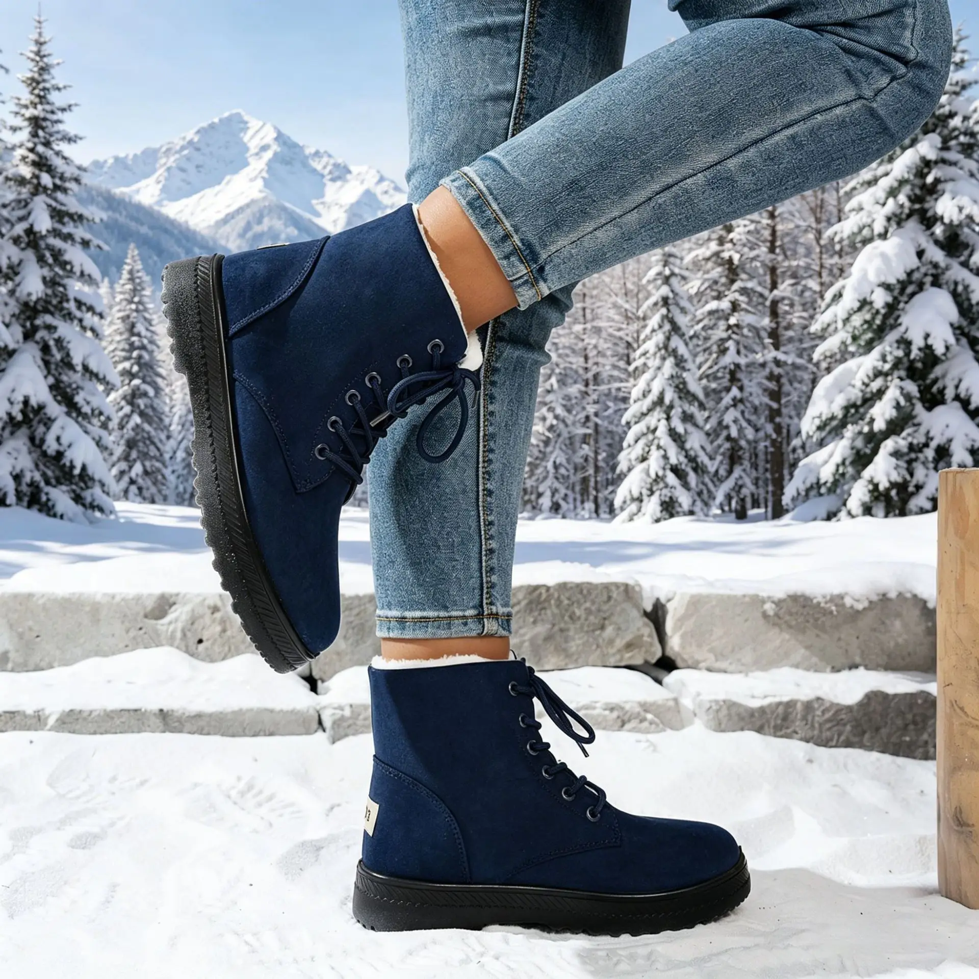Damen Winter Schnür-Schneestiefel mit Wildleder-Optik, Fleece-Futter, Rutschfeste Dicke Sohle, Warme Knöchelhohe Kampfstiefel – Detail 12