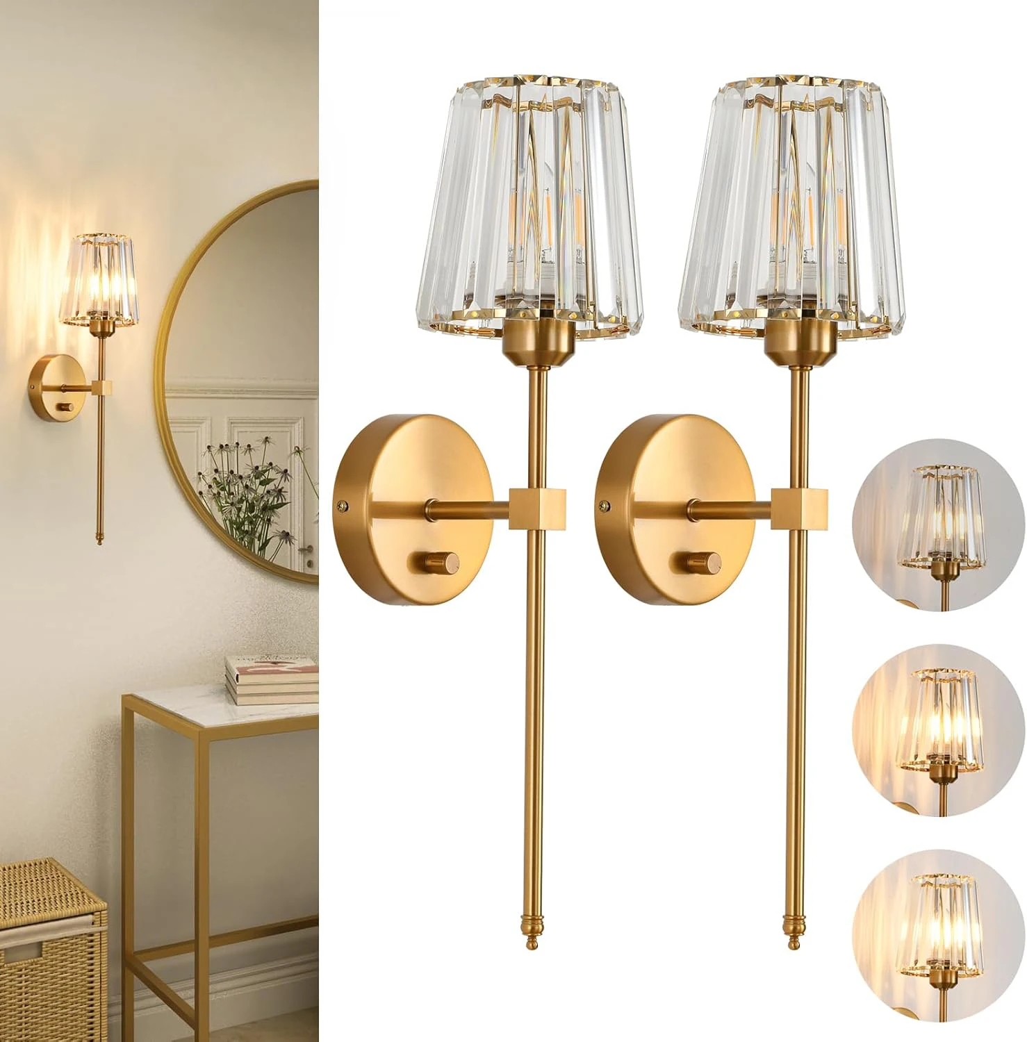 Crystal Wall Sconces Set of 2, Dimmable Wall Sconce with Crystal Shade for Living Room Bedroom Vanity Light, Bulbs Included
