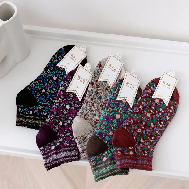 5 Pairs Women's Socks Set Autumn And Winter Retro Color Blocked Small Floral Korean Style Boat Socks Funny Cute Transparent Sock