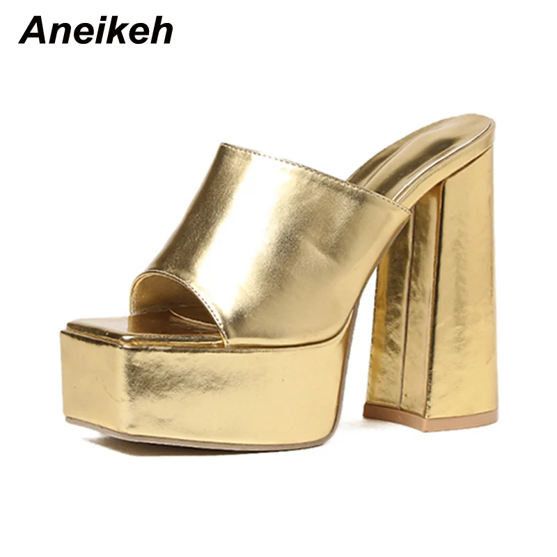 Aneikeh 2024 New Fashion Open Toe Platform High Heel Women Summer Mules Slip-On Outdoor Slippers Sandals Size 35-42 Silver Gold