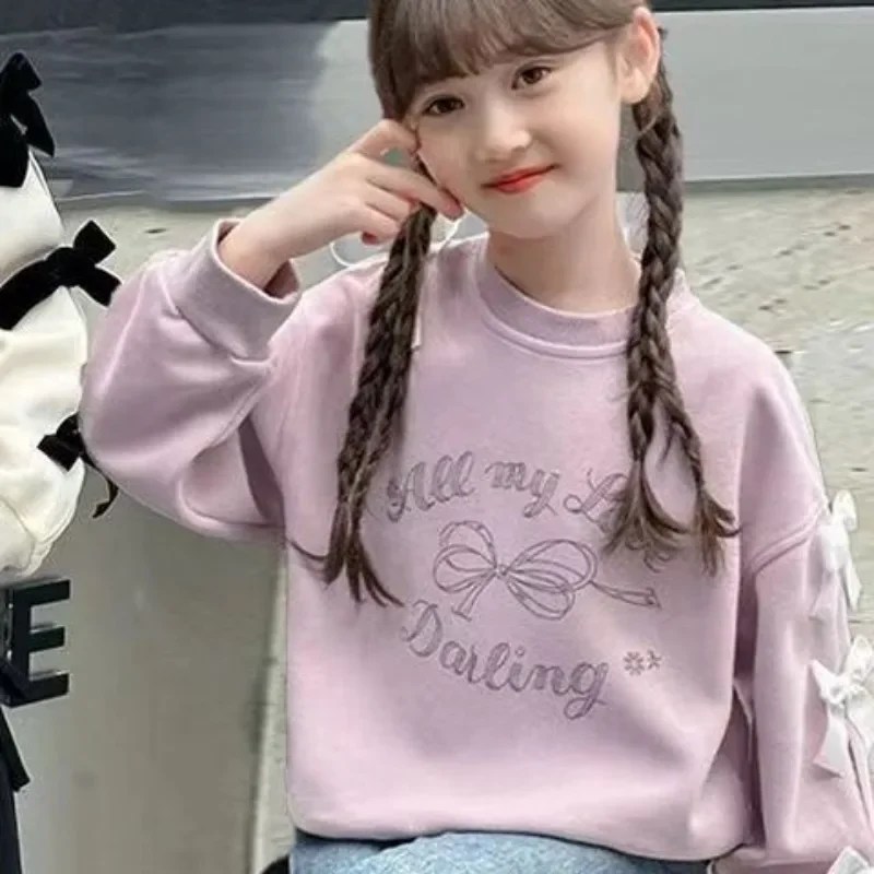 

Girls' 2025 New Spring/Autumn Long Sleeve Bowknot Loose Fit Stylish Korean Style Mid-Big Kids Sweatshirt